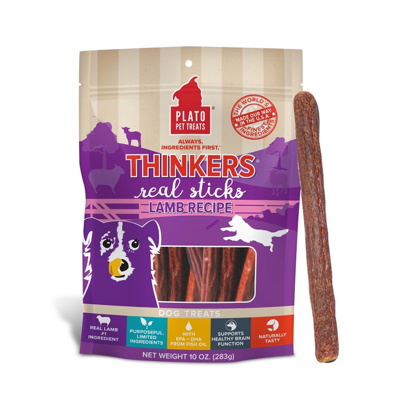 Plato Pet Treats Thinkers - Meat Sticks for Dogs - Limited Ingredient Treats with EPA and DHA to Support Skin, Coat, and Brain - Air-Dried - Lamb 10oz - Image 1